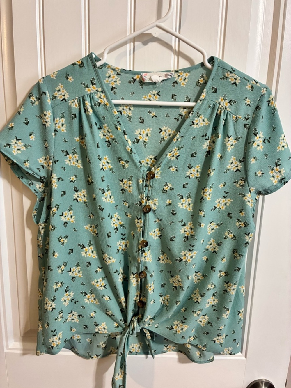 Pink Rose Mint Green Floral Button-Front Tie Top Size L - Picture 1 of 3